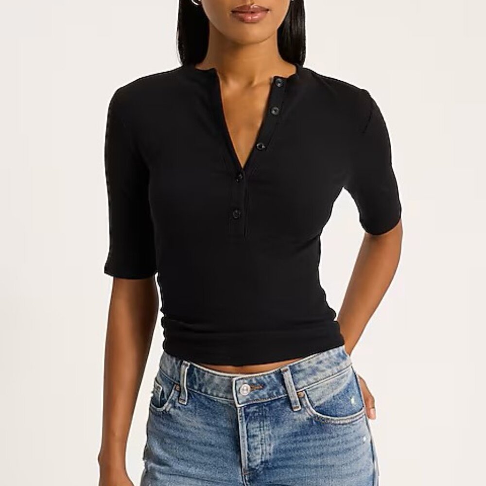 Express NWT Black Fitted Ribbed Elbow Sleeve Button Henley - Extra Small